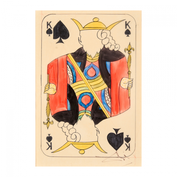 Salvador Dalí (Figueres, Girona, 1904-1989).  Estudio del Rey de Picas.  Dibujo a rotuladores de colores sobre papel vegetal. Firmado. Adjunta certificado de autenticidad expedido por Robert Descharnes en 2004. 