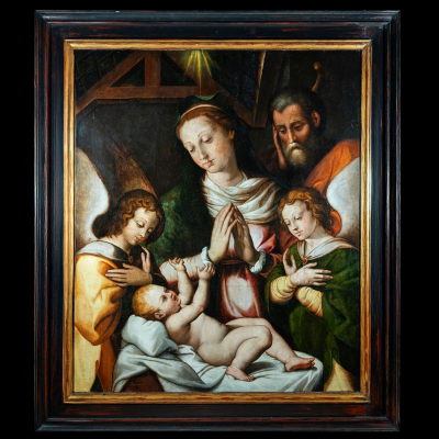 Atribuido a Fray Bernardo Bitti (Italia, 1548 ​​- Lima, Virreinato de Perú 1610). Excepcional &quot;Sagrada Familia&quot; en óleo sobre lienzo.