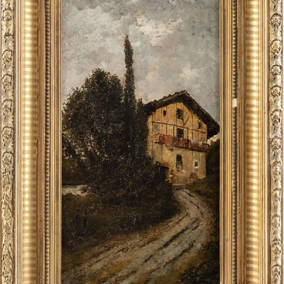 &quot;Paisaje con casona&quot; Autoría: M. MARIN, Escuela Española, Siglo XIX