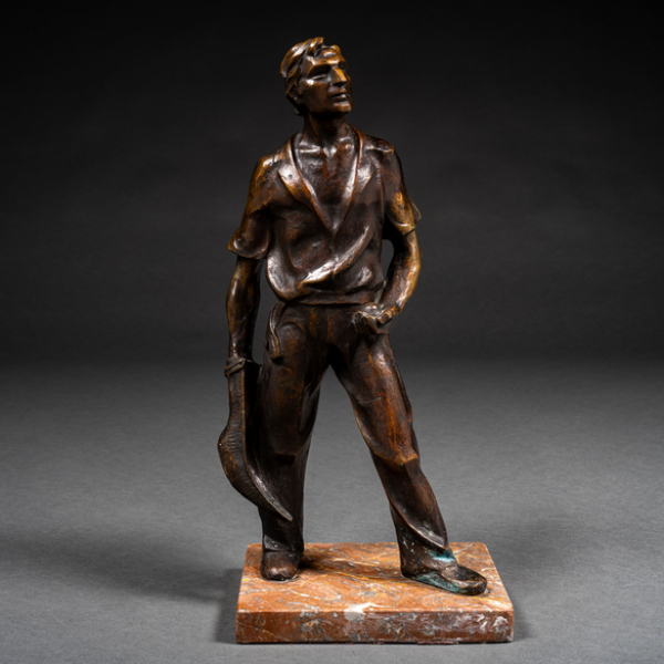 "Jugador de cesta punta".  LORENZO ASCASIBAR (Guipúzcoa, 1930-Vitoria, 2022).   Técnica: Escultura en bronce