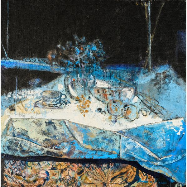 Amador (Pollença, Mallorca, 1957)  Bodegón en azul.  Técnica mixta y collage sobre tela de arpillera. Firmado 
