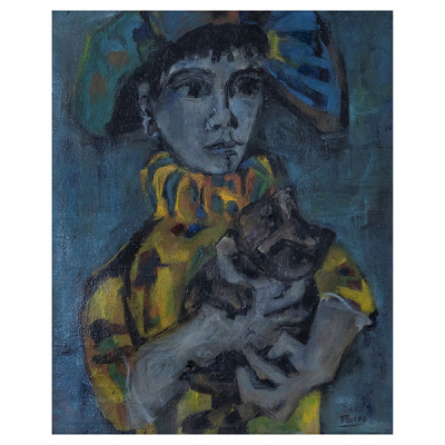 Pedro Flores (Murcia, 1897-París, Francia, 1967) Arlequín con gato. Óleo sobre tela. Firmado.
