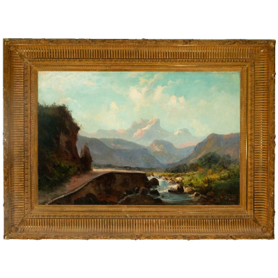 Carlos de Haes "Paisaje de alta monta&ntilde;a con camino y arroyo". Escuela Espa&ntilde;ola del siglo XIX. Firmado.   