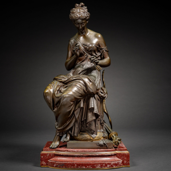 "Diana Cazadora " Escultura en bronce pavonado y bronce dorado.  MATHURIN MOREAU (Francia, 1822-1912) 