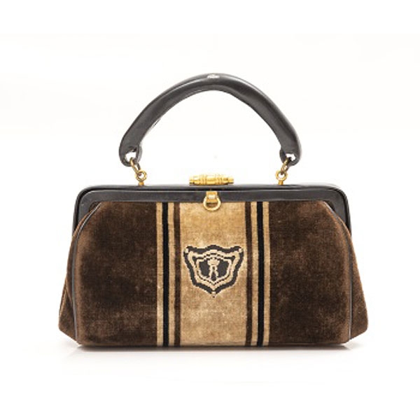 Bolso de mano de la firma Roberta di Camerino modelo Bagonghi en terciopelo marrón y beige y piel