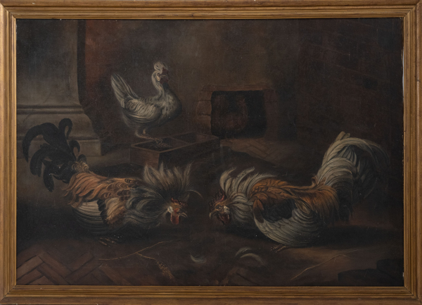 "Pelea de gallos".  Escuela Española del siglo XIX.   Técnica: Óleo/Lienzo