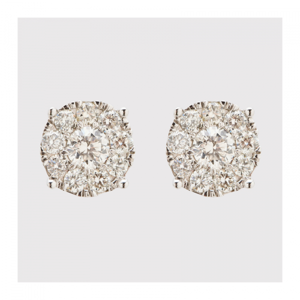 Pendientes rosetón en oro blanco con diamantes talla brillante engastados en garras.