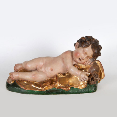Niño Jesús Dormido, Giovanni Battista Morelli (Roma, ? – Madrid, 1669), escuela italiana del siglo XVII.   Escultura en terracota policromada del escultor italiano Giovanni Battista Morelli 