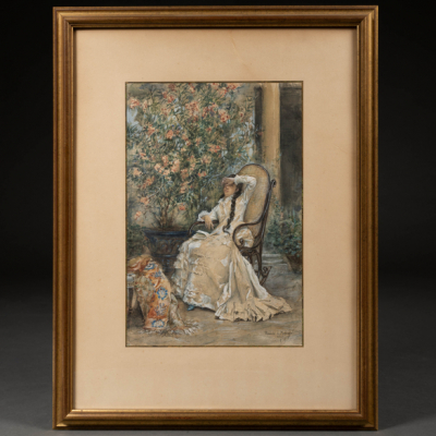 &quot;Dama leyendo en el jardín&quot;   RICARDO DE MADRAZO (Madrid, 1851 - 1917) 