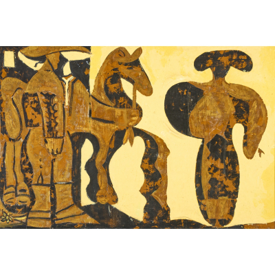 Juan Barjola (Torre de Miguel Sesmero, Badajoz,1919-2004).  Homenaje a Picasso.  Óleo y collage sobre tela. Firmado.