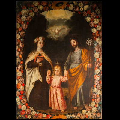 Monumental Sagrada Familia a tamaño real, escuela colonial de Lima del siglo XVII