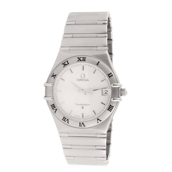 Reloj cronógrafo cab. suizo, OMEGA Constellation. Caja, 32 mm, y brazalete de acero matizado con detalles pulidos. Movimiento de cuarzo. Esfera plateada con textura ajedrezada.