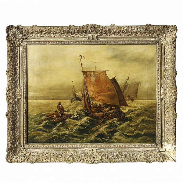 F. Claiton (s.XIX) "Marina en temporal". Óleo sobre lienzo.