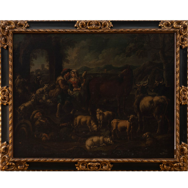 "Pastores con animales" Seguidor de Rosa de T&iacute;voli (1657-1706) &Oacute;leo/Lienzo