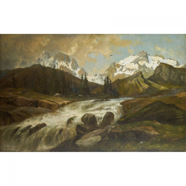 Ramon Mart&iacute; Alsina (Barcelona, 1826-1894)  Paisaje monta&ntilde;oso con rio.  &Oacute;leo sobre tela. Firmado. 