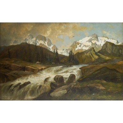 Ramon Mart&iacute; Alsina (Barcelona, 1826-1894)  Paisaje monta&ntilde;oso con rio.  &Oacute;leo sobre tela. Firmado. 