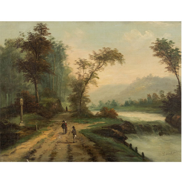  LAMBERT   (S. XIX)  "Paisaje con r&iacute;o y personajes"  Firmado: Lambert.  &Oacute;leo / Lienzo 