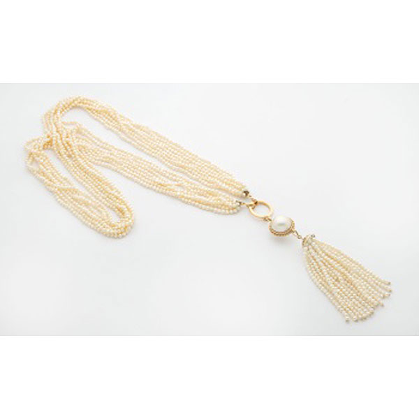 Collar largo en oro amarillo con colgante central de perla australiana de 20 mm