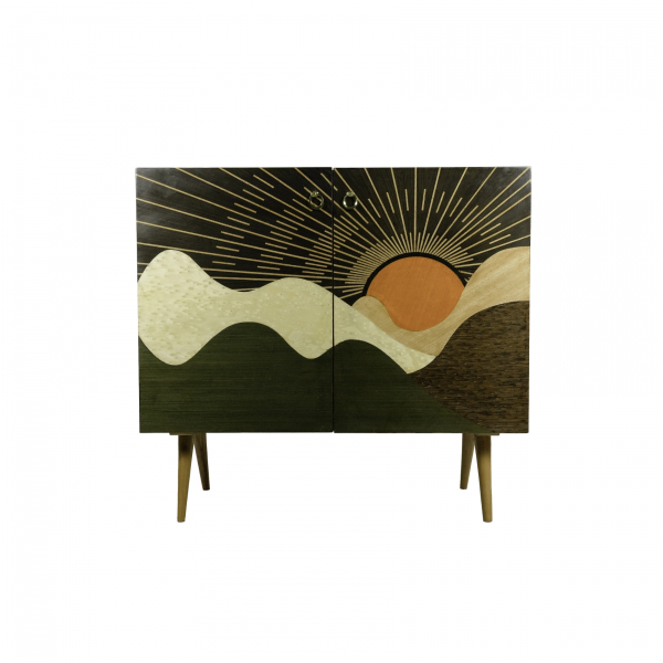Aparador estilo Mid Century en maderas chapadas contrastadas con decoraci&oacute;n de puesta de sol, s.XX.  