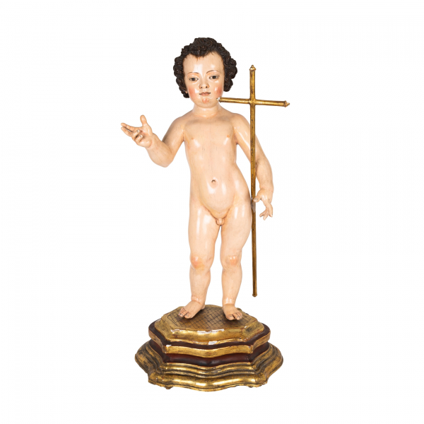 Escuela andaluza, s.XVIII.  Niño Jesús.  Escultura en madera tallada y policromada sobre peana dorada.