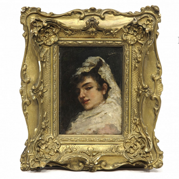 Ramón Muñoz Rubio (1867-1910) &quot;Dama con mantilla&quot;.    Óleo sobre tabla. Firmado &quot;Rubio&quot; en la esquina superior derecha.