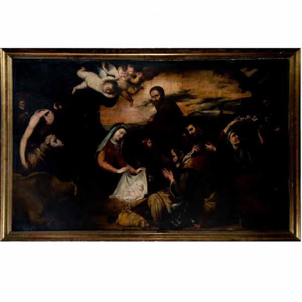 Importante "Adoración de Pastores", versión de taller de José de Ribera, escuela Napolitana del siglo XVII.   Óleo sobre lienzo.