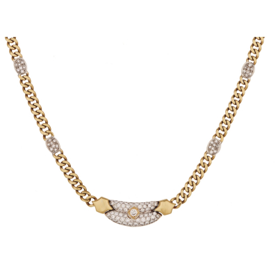 Gargantilla de cadena barbada en oro bicolor con centro y óvalos de diamantes tallas brillante y 8/8.