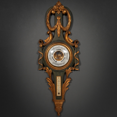 Barómetro Termómetro estilo Luís XVI en madera tallada y policromada en verde y dorado. Siglo XX.
