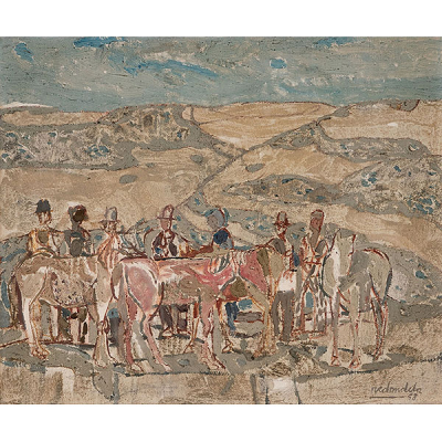 AGUSTIN REDONDELA   (Madrid 1923 - 2015).  &quot;Paisaje con campesinos y caballos &quot;  Firmado: Redondela 68.  Óleo / Lienzo  