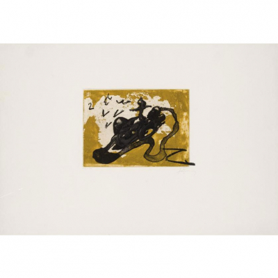 Antoni T&agrave;pies. "Sabata i ocre (1987)". Firmado. Aguafuerte, carborundum, barniz y litograf&iacute;a en varias tintas sobre papel Capellades. 