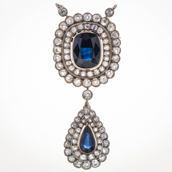 Broche - Pendentif en plata y oro amarillo de 18 kt con brillantes talla antigua y zafiros.