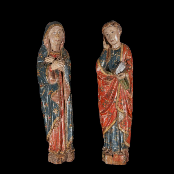 Escuela Italiana del siglo XIV Tardo Románico al Gótico - San Juan y la Virgen en el Calvario. Madera tallada y policromada.