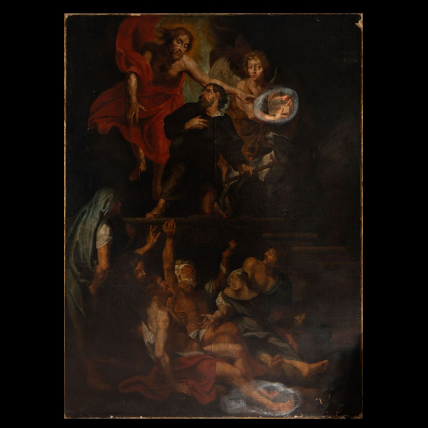 "Jesucristo apareciéndose a San Roque" Escuela italiana del siglo XVII.  Óleo sobre lienzo