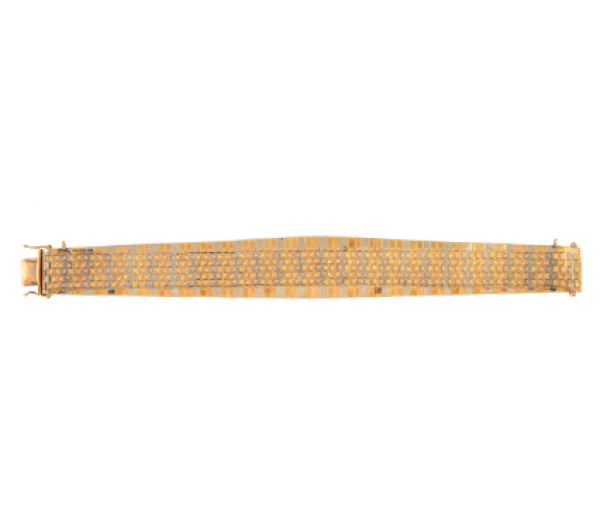 Brazalete de malla flexible italiana años 60 en oro de tres colores con diseño geométrico en oro mate entre bandas de oro 18K.