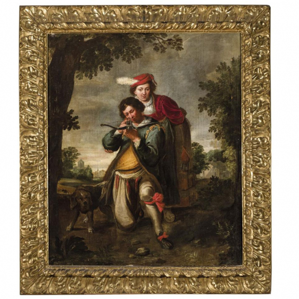 Escuela Italiana SS. XVI-XVII.   "Ballestero apuntando al espectador". Óleo sobre lienzo. Importante marco de época.