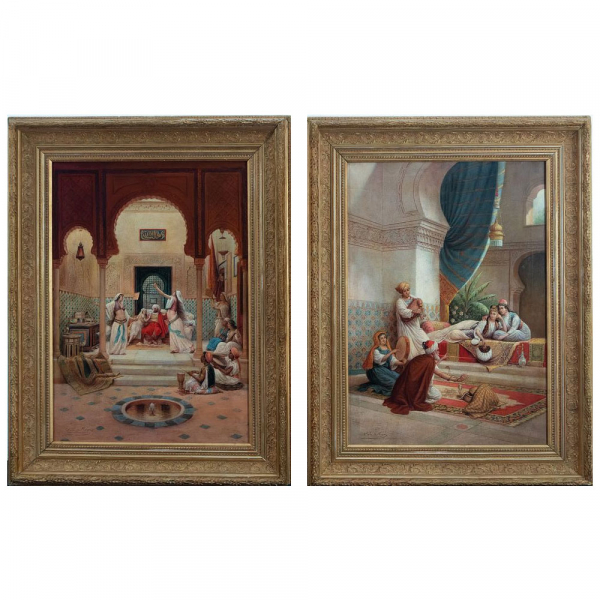 Pareja de "Escenas Orientalistas de Harén" de José Cala de Moya, Escuela Sevillana del siglo XIX.  