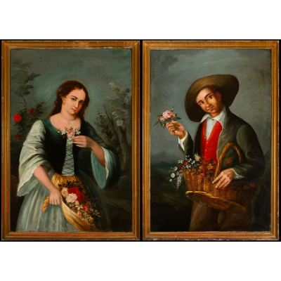 Atribuido a Juan Rodríguez y Jiménez &quot;el Panadero&quot; (1765–1865) &quot;Pareja de muchachos con flores&quot; Escuela Española del siglo XIX.    Óleo sobre lienzo.
