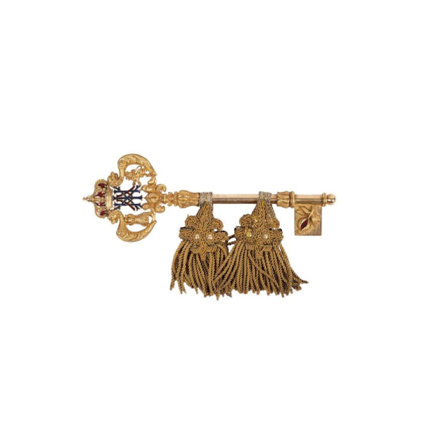 Llave de gentilhombre de c&aacute;mara de Alfonso XIII de oro.   Realizada en oro amarillo de 18k y esmaltes al fuego. Pps. S. XX.