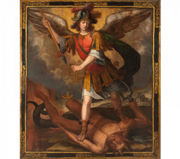 ANGELINO MEDORO (1567-1633) El Arcángel San Miguel venciendo al demonio con marco fingido
