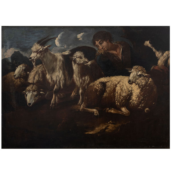 &quot;Paisaje con pastor, ovejas, cabra y perro&quot;  PHILIPP PETER ROOS, LLAMADO ROSA DA TIVOLI (Fráncfort del Meneo, 1657- Roma, 1706). 