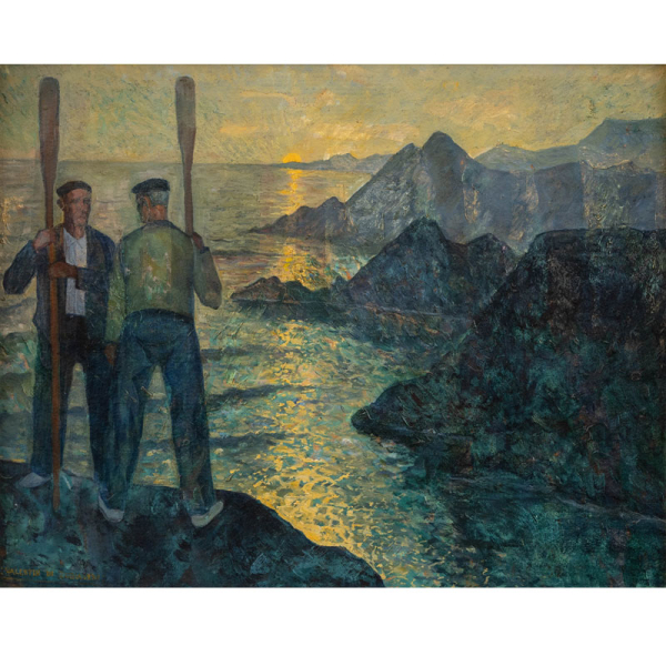 "Marineros con remos y la costa vasca de fondo" VALENTÍN DE ZUBIAURRE (Madrid, 1879-1963) Óleo/Cartón