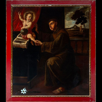 Escuela Sevillana del siglo XVIII - San Antonio con el Niño.   Óleo sobre lienzo.