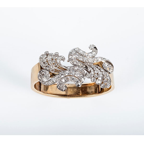 Broche doble clip vintage, en oro blanco o platino, cuajado diamantes, talla brillante antigua