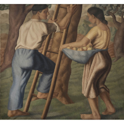 &quot;La recogida de la manzana&quot;  JOSE SARRIEGUI (Ordizia, 1911-1967).    Técnica: Óleo/Lienzo. 