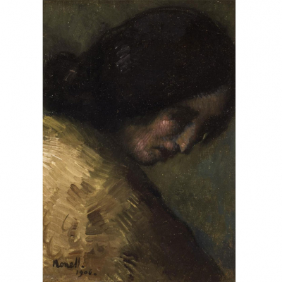 Isidro Nonell. "Cabeza de gitana (1906)". &Oacute;leo sobre lienzo adherido a tabla. Firmado y fechado (1906) 