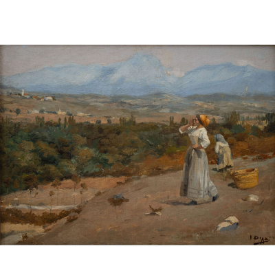 &quot;Hortelana recogiendo uvas&quot;  IGNACIO DIAZ OLANO (Vitoria, 1860-1937)  Óleo/Lienzo