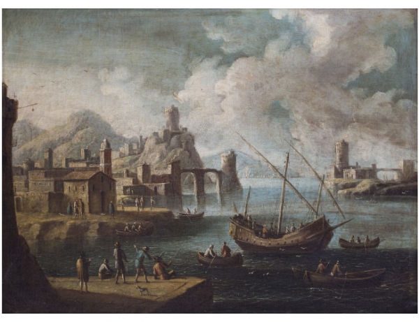 ESCUELA ITALIANA, SIGLO XVIII Vista marítima con puerto, figuras, barcos y ciudad al fondo  Óleo sobre lienzo.