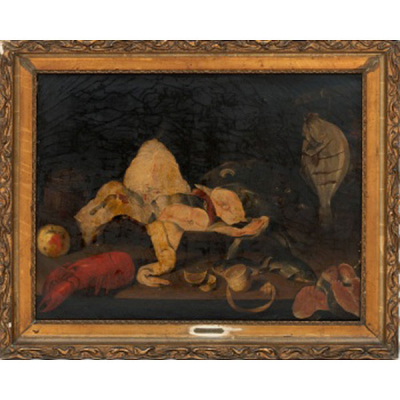 EDUARDO ZAMACOIS Y ZABALA  (Bilbao 1842 - Madrid 1874) &quot;Bodegón de frutas, pescado, etc&quot;