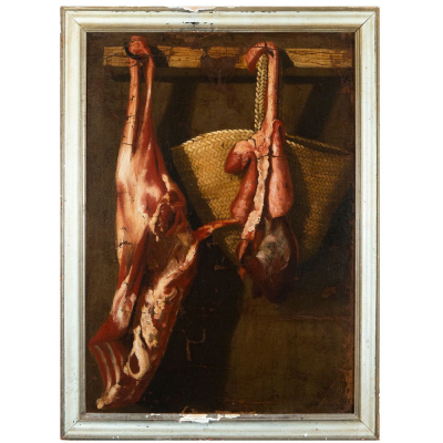 &quot;Bodegón de carne&quot; Círculo de Bernardo Llorente. Siglo XVII (firmado).    Óleo sobre lienzo.