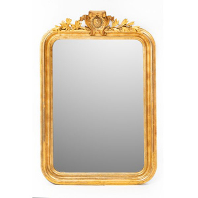 Espejo en madera y estuco dorado con decoración de flores, hojas y copete central. Época Napoleón III. Francia.  Época: S. XIX